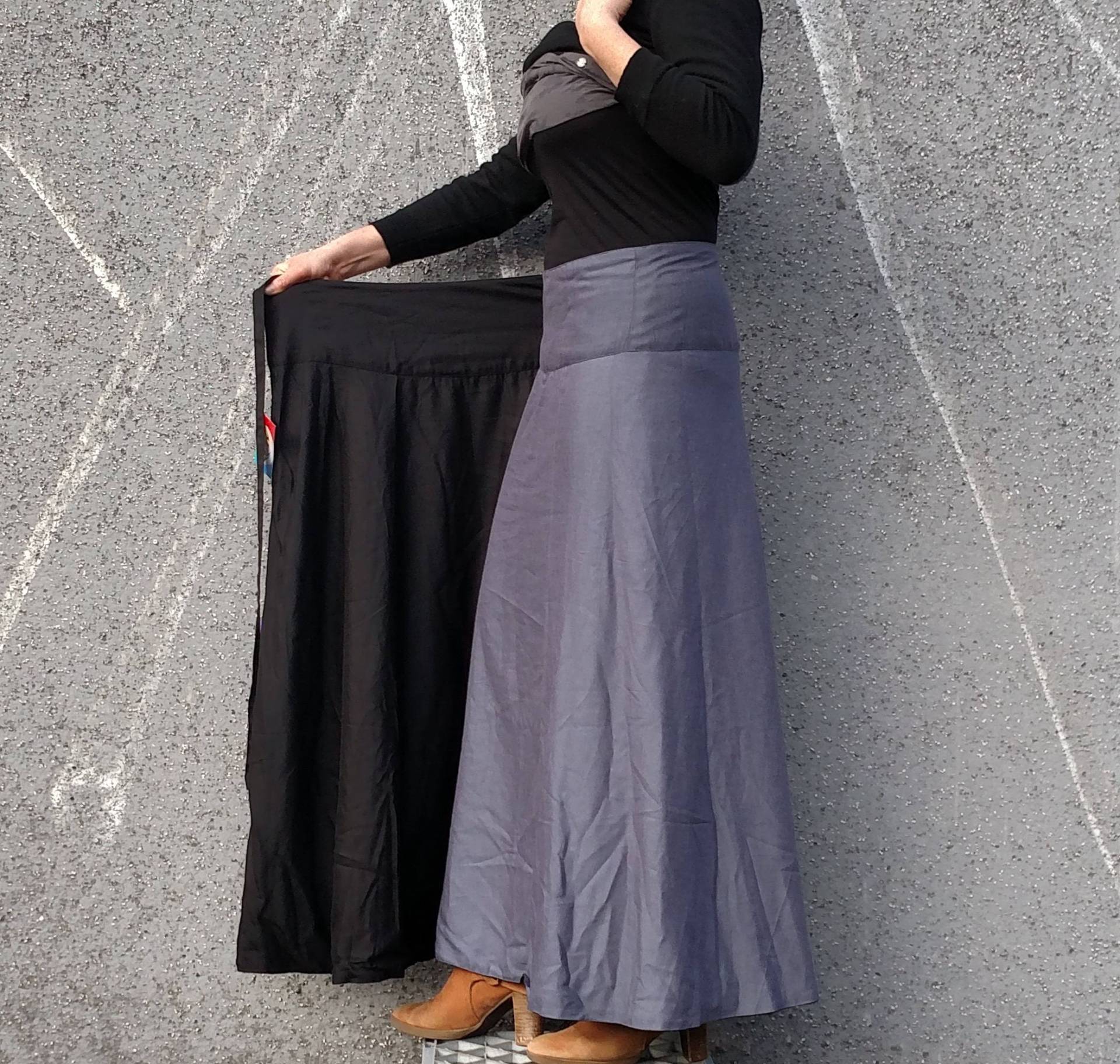 Wickelrock Wende, Plus Größe 100% Baumwolle, Langer Boho Indigo Grau & Schwarzer Rock, Einheitsgröße, Vielseitiger Kreis Volle Länge Eleganter Rock von Coisas4u