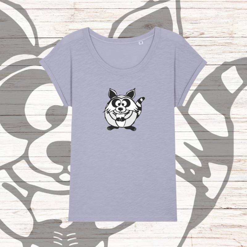 Fair Trade Ladies Shirt Aus Bio Baumwolle Mit Lustigem Waschbär Im Comic Style, Farbe Lavender Fair Trade Ladies Shirt Aus Bio Baumwolle Mit Lustigem Waschbär Im Comic Style, Farbe Lavender von CojeroShop