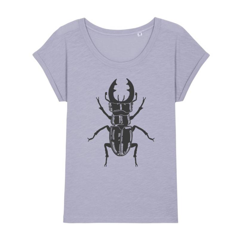 Handbedrucktes Bio-Baumwoll Shirt, Weiblicher Schnitt, Mit Hirschkäfer-Motiv - Farbe Lavender -Druckfarbe Wählbar Handbedrucktes Bio-Baumwoll Shirt, Weiblicher Schnitt, Mit Hirschkäfer-Motiv - Farbe Lavender -Druckfarbe Wählbar von CojeroShop