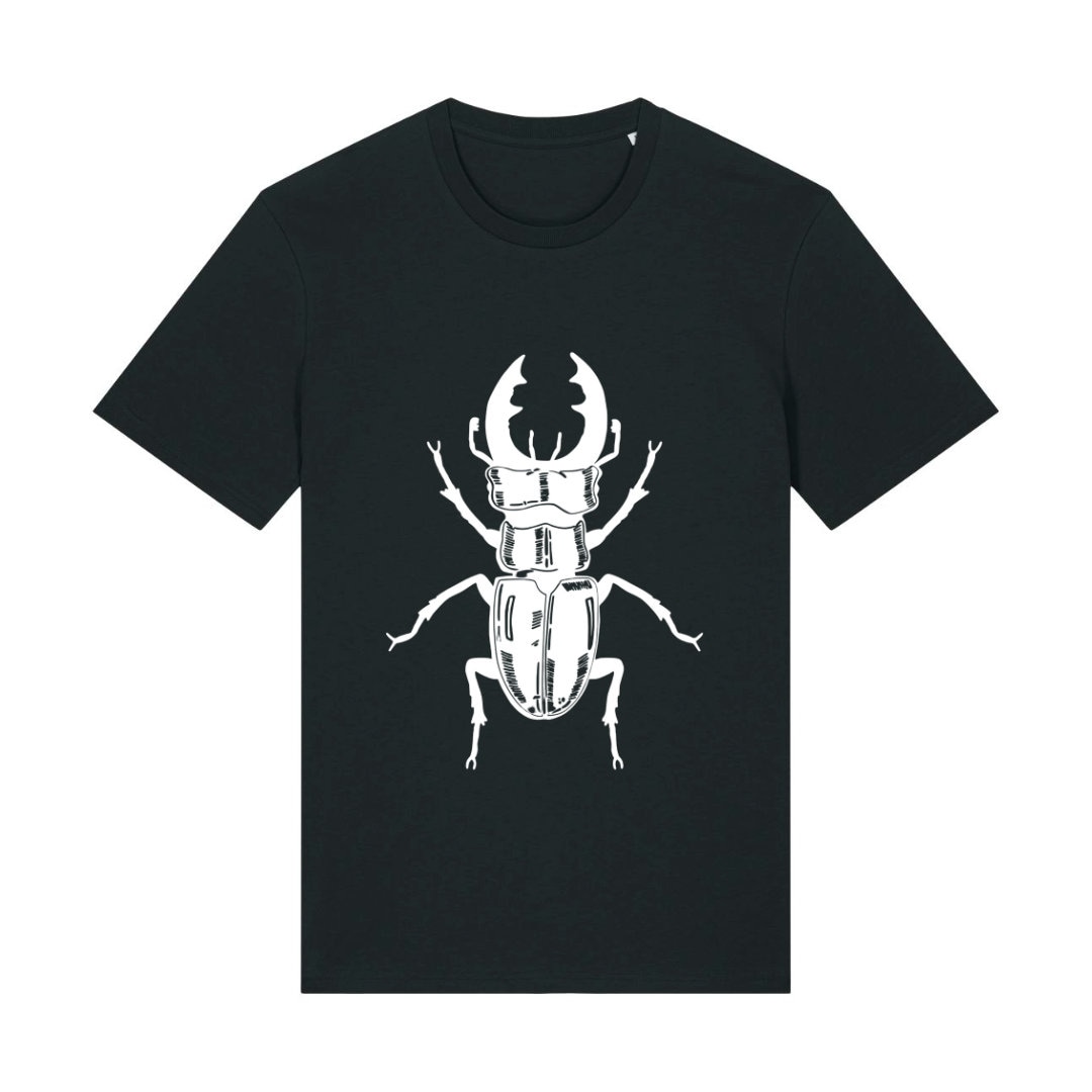 Handbedrucktes Bio-Baumwoll-T-Shirt Mit Hirschkäfer-Motiv - Farbe Schwarz Druckfarbe Wählbar Handbedrucktes Bio-Baumwoll-T-Shirt Mit Hirschkäfer-Motiv - Farbe Schwarz Druckfarbe Wählbar von CojeroShop