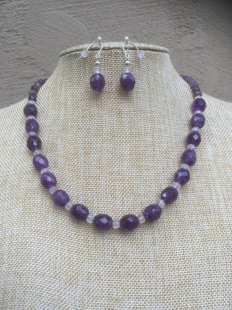 Halskette Und Ohrringe Aus Facettiertem Amethyst, Rosenquarz Sterling Silber von CokGuzel