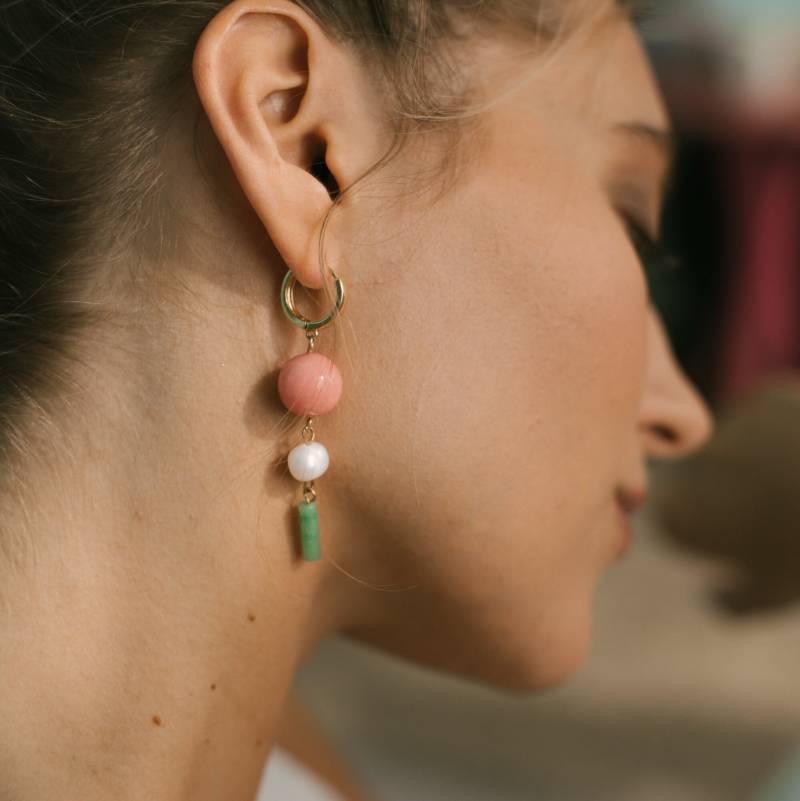 Perlyna Summer #12 - Rosenachat, Grüne Jade Und Perlen Lange Ohrringe, Vergoldet von ColarabyME