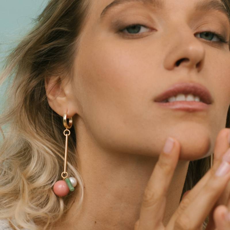 Perlyna Summer Rose - Rose Achat, Grüne Jade Und Perlen Lange Vergoldete Ohrringe von ColarabyME