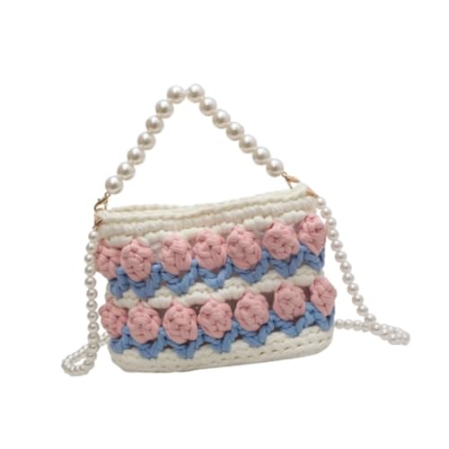 Colcolo DIY Strick -Häkelbeutel Kit Frauen Umhängetasche Geschenkdekor süße Elegante Erwachsene Machen Materialien Set Blumenhandhandtasche, Beige Blau Pink von Colcolo