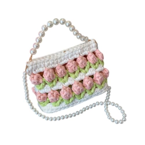 Colcolo DIY Strick -Häkelbeutel Kit Frauen Umhängetasche Geschenkdekor süße Elegante Erwachsene Machen Materialien Set Blumenhandhandtasche, Weißes Grünrosa von Colcolo