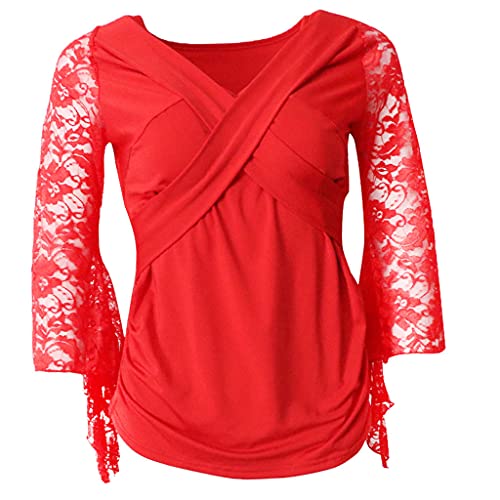 Frauen Langarm T Shirt Tops Dance Apparel, für Latin, Tango, Cha, rot, XL von Colcolo