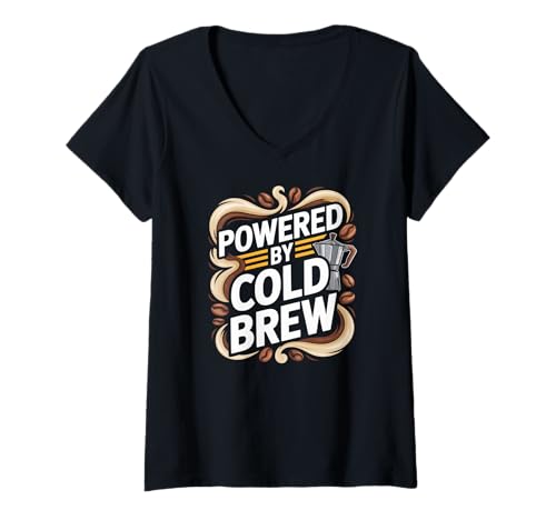 Damen Angetrieben von Cold Brew Coffee Addict Humor T-Shirt mit V-Ausschnitt Damen Angetrieben von Cold Brew Coffee Addict Humor T-Shirt mit V-Ausschnitt von Cold Brew Coffee Enthusiast Lifestyle