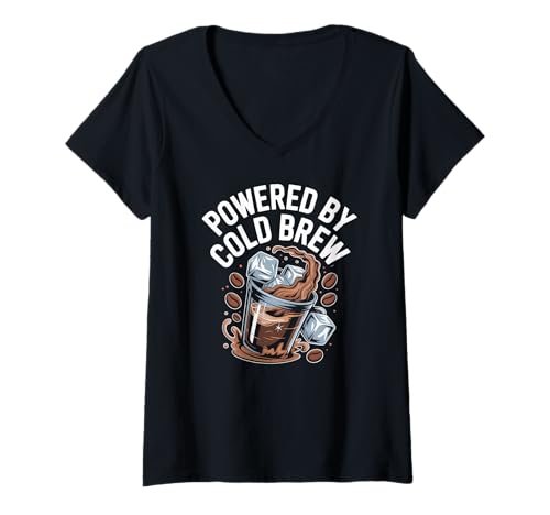 Damen Powered by Cold Brew Coffee Iced Coffein T-Shirt mit V-Ausschnitt von Cold Brew Enthusiast Coffee Culture Lovers