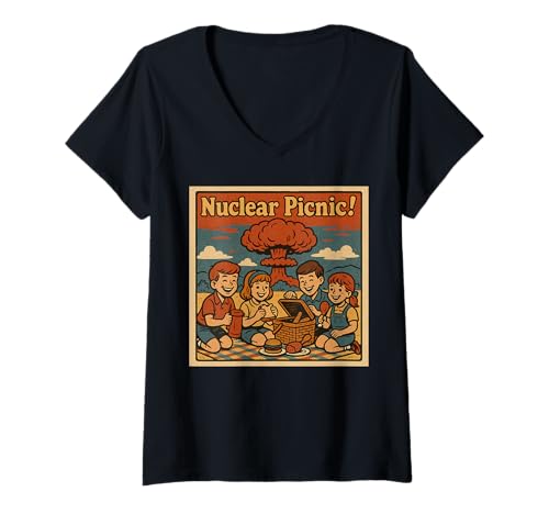 Damen Nukleares Picknick, Retro-Apokalypse mit dunklem Humor T-Shirt mit V-Ausschnitt von Cold War Nostalgia Dark Meme Vintage Apparel Co.