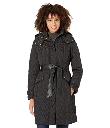 Cole Haan Damen Gesteppter Signature Mantel aus Kunstleder mit Gürtel Lederjacke, Schwarz, L von Cole Haan