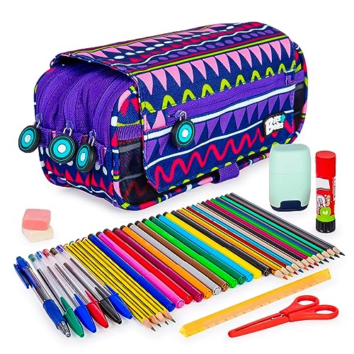 ColePack Design - Set aus Dreifach-Schulmappe mit 3 Reißverschlüssen und Schulbedarf der Top-Marken Enthalten (BB_Zigzag) von ColePack