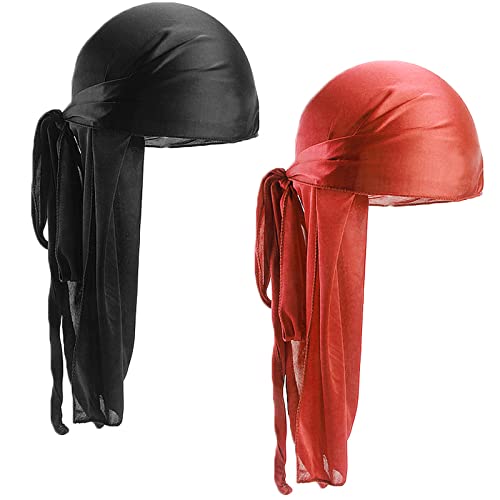 2 Stücke Durag Men Silk Elastische Silky Satin Durag Silky Seidige Durag Atmungsaktive Soft Durag Doo Rags Herren mit Langem Schwanz und Breiten Trägern Piratenhut für Männer Frauen (Schwarz*rot) von Colexy