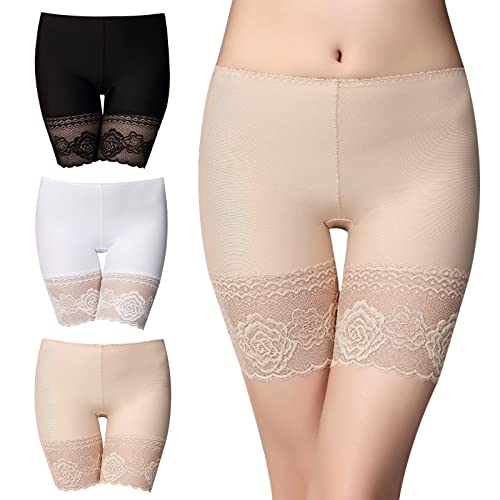 3 * Damen Unterhosen Unter Rock Kurz Hose Mit Spitze, Anti-Chafing Hohe Taille Spitze Shorts Sicherheit Panty Elastik Panties Leggings Boxershorts Nahtlose Unterhose (Schwarz+Hautton+Weiß, L) von Colexy