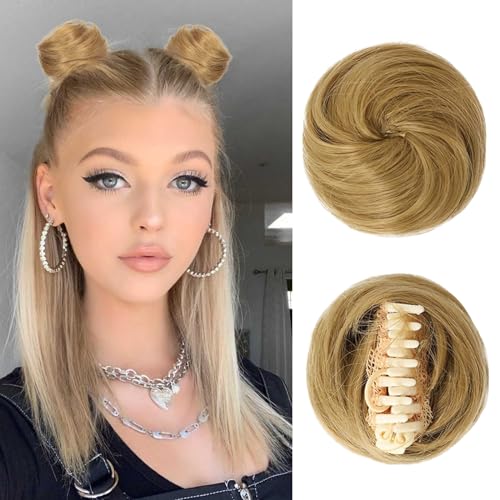 Colexy 2PCS Haarteile Dutt mit Klammer, Gelockt Haardutt Krallen Clip in Haar Bun Mini Messy Bun Haarteile Synthetik Haar Scrunchies Donut Chignon Pferdeschwanz für Damen Mädchen (blond) von Colexy