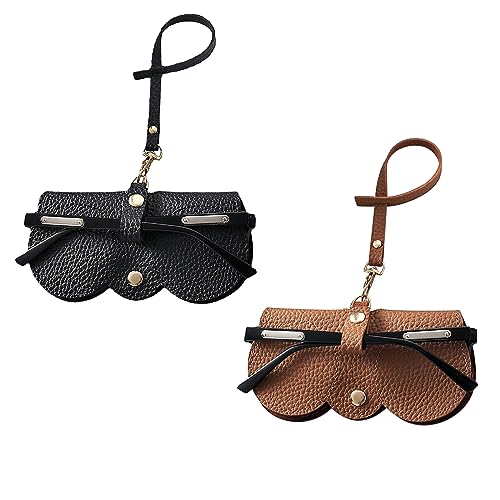 Colexy Sonnenbrillenetui Damen Leder, 2pcs Weiche Brillentasche, Brillentasche Zum Anhängen, Brillenetui Weich Leder, Brillenetui Zum Anhängen, Brillenetui Mit Karabiner (Schwarz+Braun) von Colexy