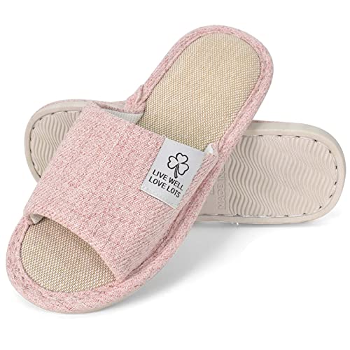 Hausschuhe Sommer Leinenhausschuhe atmungsaktiv Gästehausschuhe, drinnen Slippers Rutschfeste für Damen Herren zu Hause Hotel (Rosa, adult, numeric_38, numeric, eu_footwear_size_system, medium) von Colexy