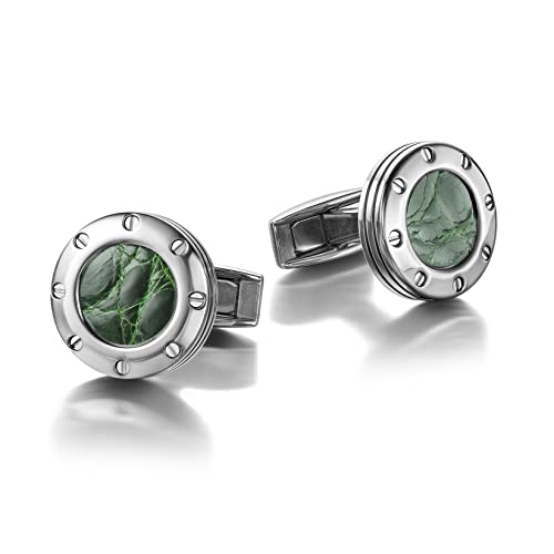 Colibri Daytona Manschettenknöpfe für Herren – Designer-Manschettenknöpfe mit Grüner Echtleder-Einlage – Drehbarer Walschwanzverschluss – Polierter Edelstahl – Geschenkbox von Colibri