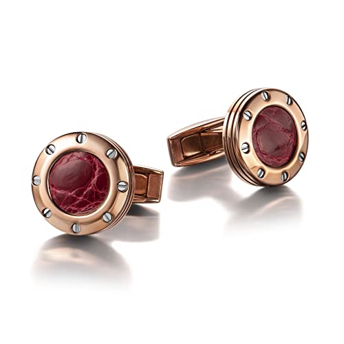 Colibri Daytona Manschettenknöpfe für Herren – Designer-Manschettenknöpfe mit Rubinroter Echtleder-Einlage – Drehbarer Walschwanzverschluss – Polierter Edelstahl mit Roségold-Finish – Geschenkbox von Colibri