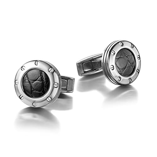 Colibri Daytona Manschettenknöpfe für Herren – Designer-Manschettenknöpfe mit Schwarzem Echtleder-Einlage – Drehbarer Walschwanzverschluss – Polierter Edelstahl – Geschenkbox von Colibri
