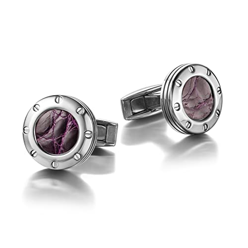 Colibri Daytona-Manschettenknöpfe für Herren – Designer-Manschettenknöpfe mit Violettem Echtleder-Einlage – Drehbarer Walschwanzverschluss – Polierter Edelstahl – Geschenkbox von Colibri