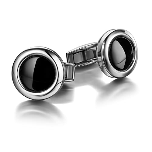 Colibri Hampton Manschettenknöpfe Herren - mit schwarzem Onyx-steineinlage - Drehbarer Walschwanzverschluss - Polierter Edelstahl - Geschenkbox von Colibri