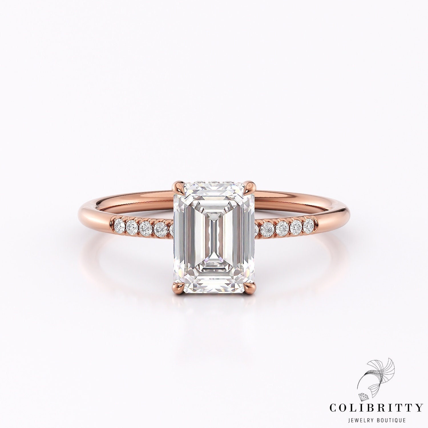 1.28 Ct Smaragd Schliff Moissanit Ring Rosegold 14K 18K Hidden Halo & Pave Of Diamond Frauen Ehering Jahrestag Versprechen Geschenk Für Sie von Colibritty