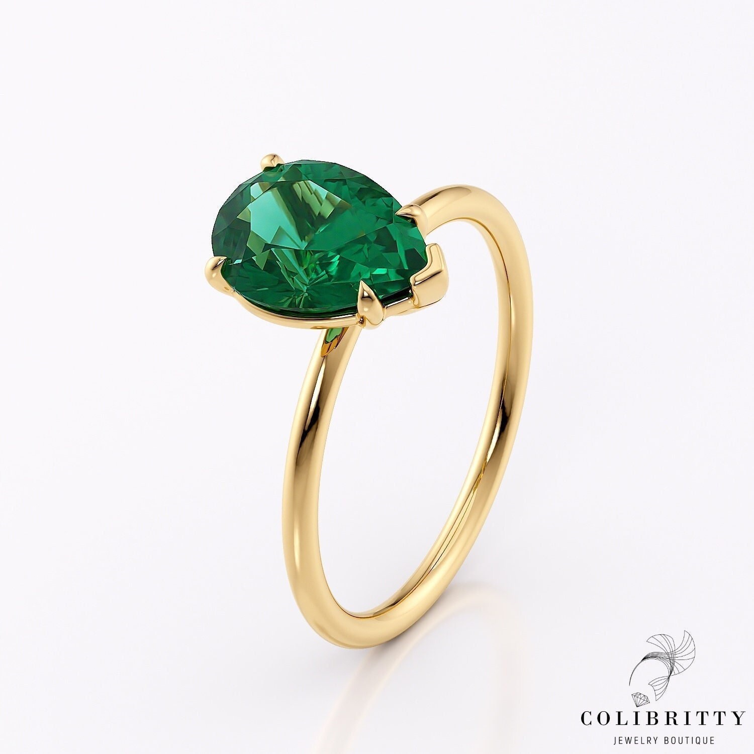 14K Massiver Gold Birnenförmiger Smaragd Ring Großer Edelstein Solitär Tropfen Minimalistisch Handgemacht Echter Lab Grown Schmuck von Colibritty