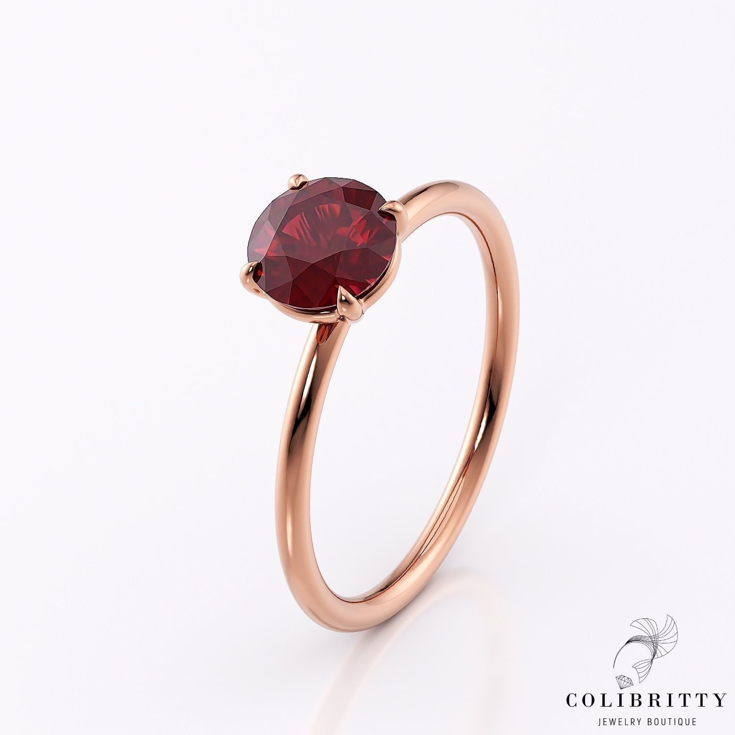 14K Roségold Rot Rubin Ehering Solitär Stein Ring Lab Edelstein Rundschliff Verlobungsring Minimalistisch 18K Für Sie von Colibritty