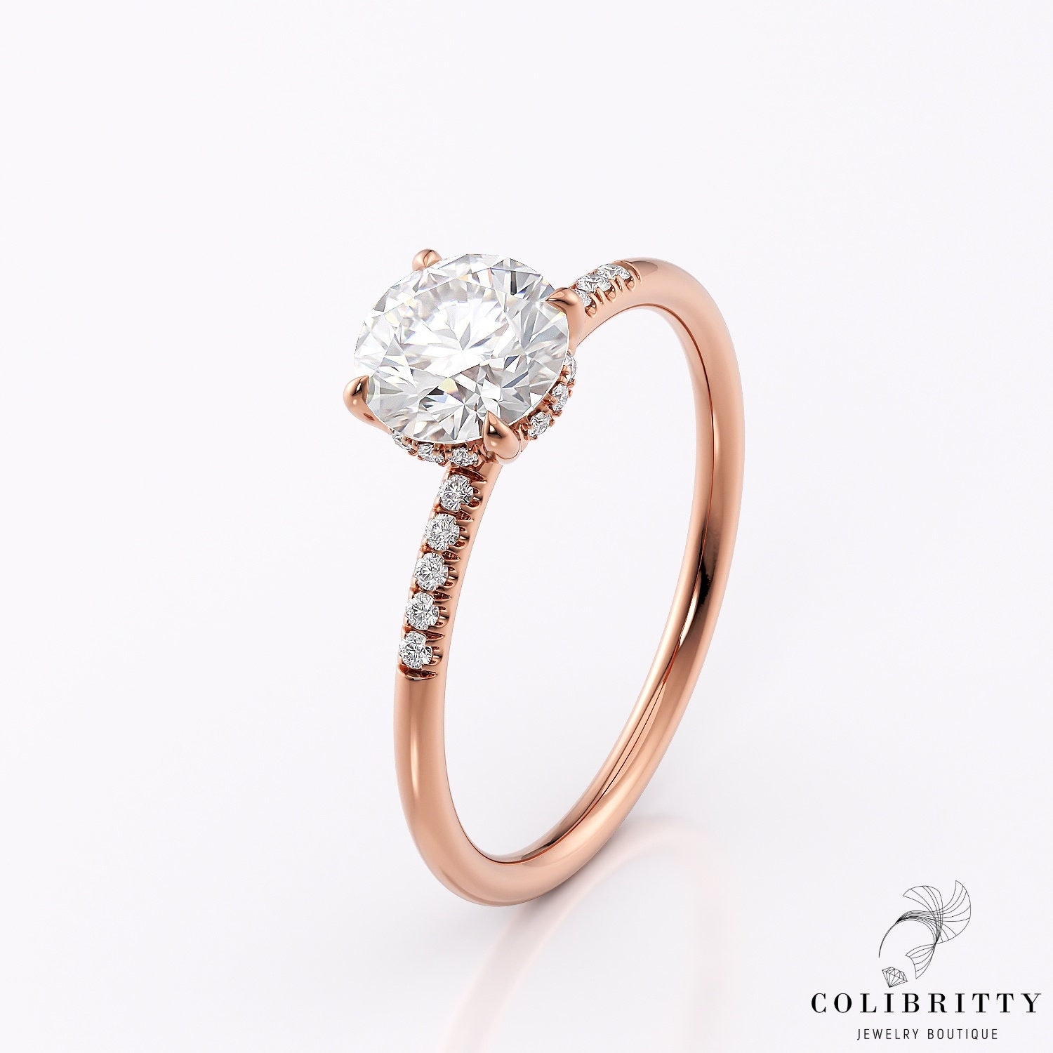 Forever One Moissanit Diamant Ring Promise For Her Rose Gold 14K 18K Hidden Halo & Pave 4 Prongs 6, 5 Mm Rundschliff Edelstein Ring von Colibritty