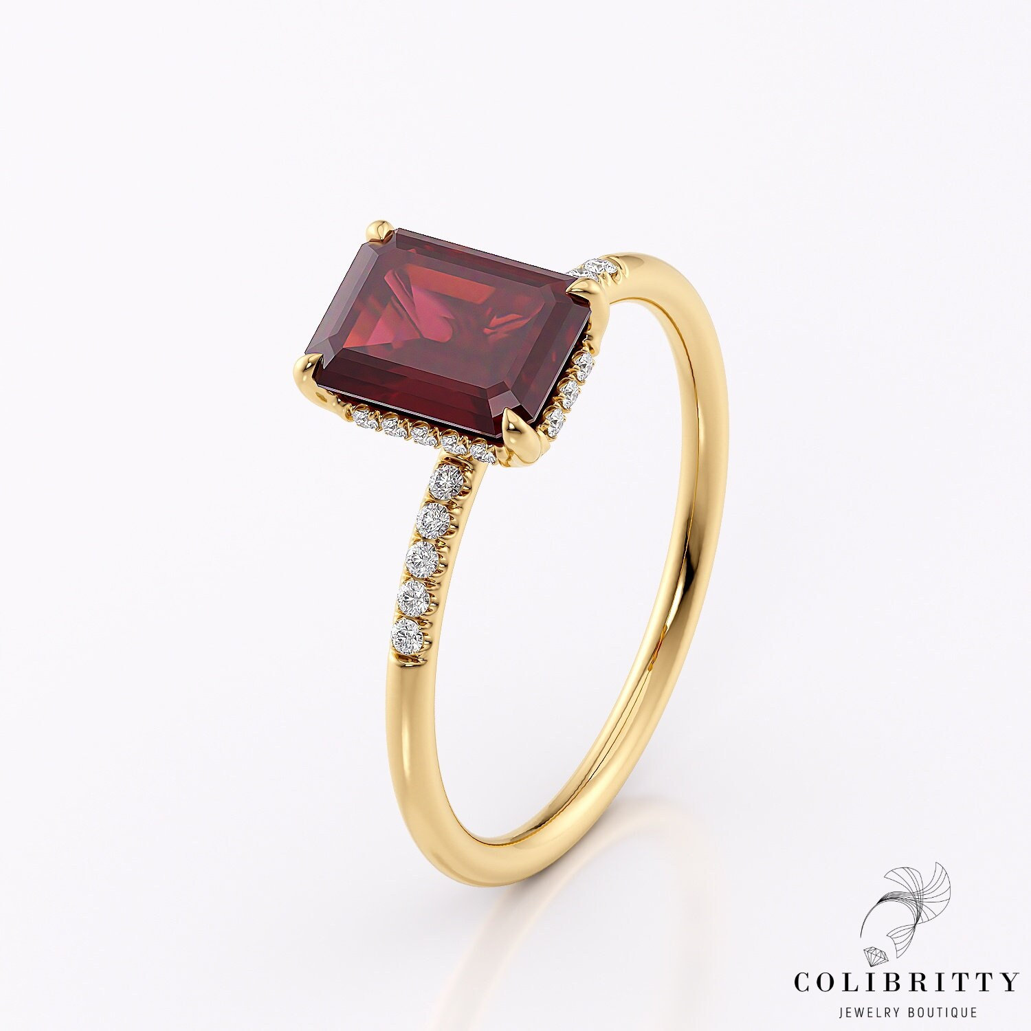 Gelbgold Rubin Verlobungsring, Smaragdschliff Ring 1, 4 Ct, 8x6 Versprechen Ring, Diamant Pave Und Heiligenschein Art Deco Stil von Colibritty