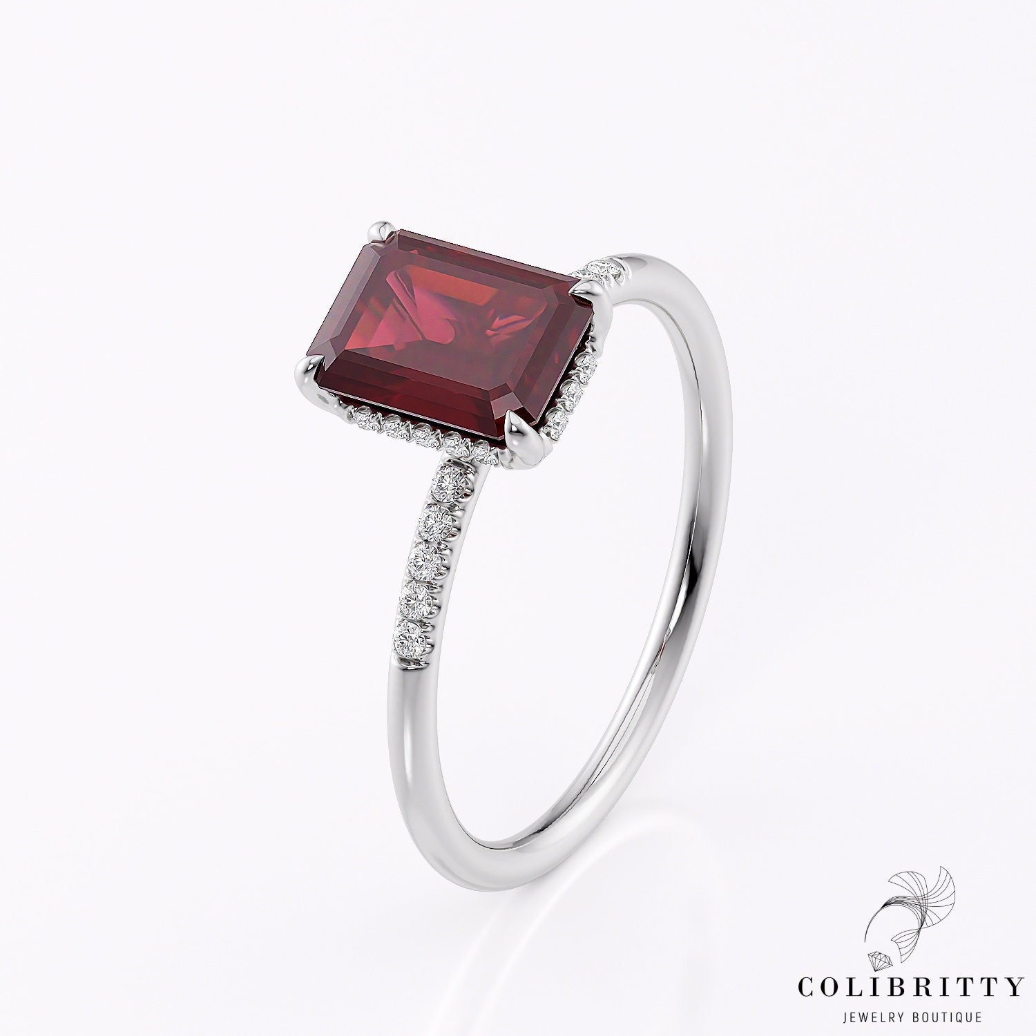 Lab Grown Echt Rubin Ring Halo Verlobungsring 1, 4 Ct 8x6 Mm Smaragd Geschliffen G Vs Diamant Pave Red Edelstein Damen Jahrestag Geschenk von Colibritty