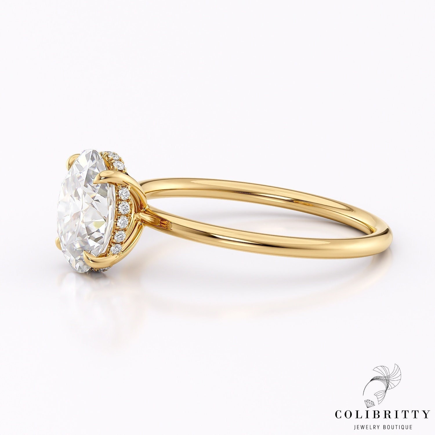 Moissanit Ovaler Halo Verlobungsring, Solitär Ring, 9x7 Oval 14K Gold Ring Nach 10 Jahren von Colibritty