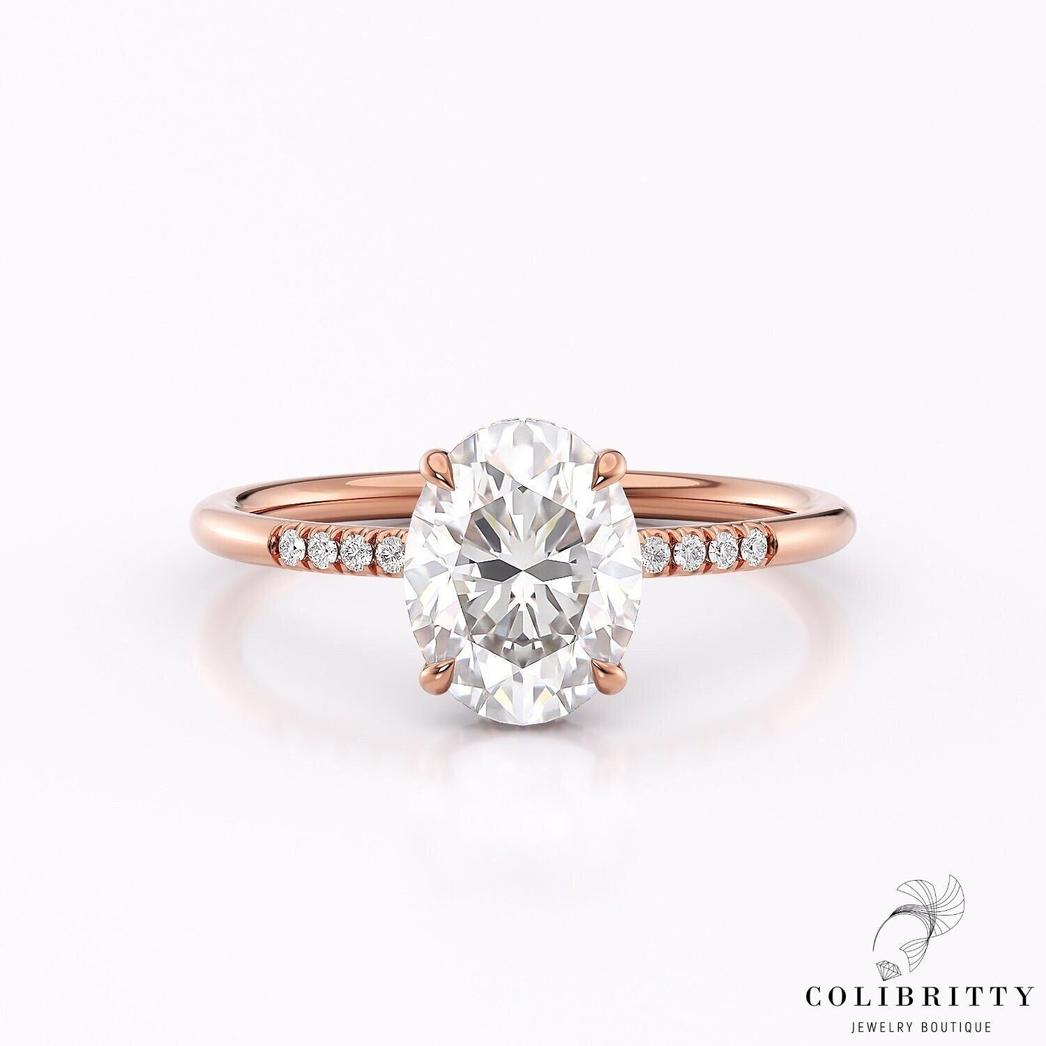 Roségold Ovaler Moissanit Verlobungsring 28 Diamanten von Colibritty