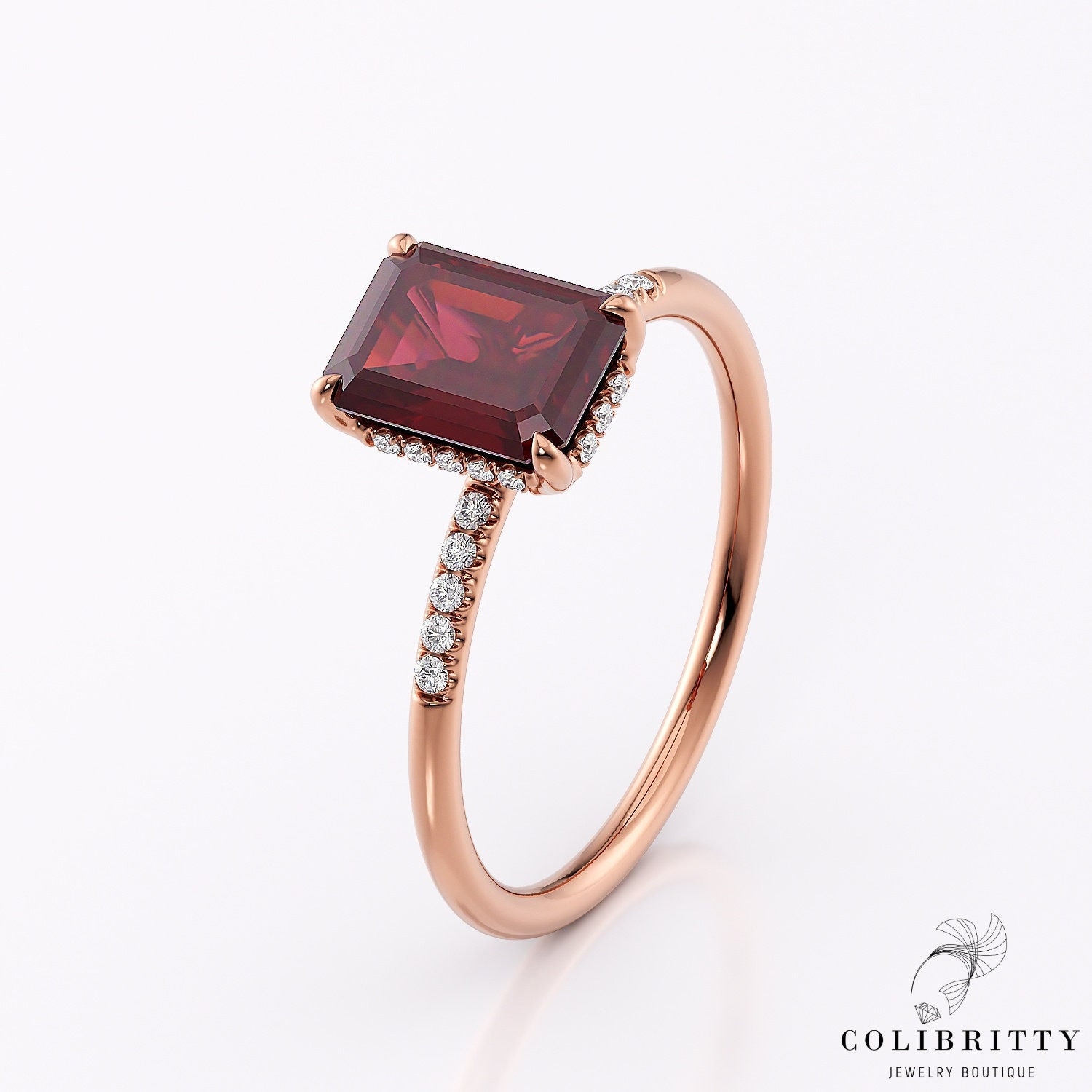 Rosegold Rubin Ring, Smaragd Schliff Ring 1, 4 Ct, 8x6 Lab Gewachsen Versteckter Heiligenschein Und Diamant Geburtstagsgeschenk Für Sie von Colibritty