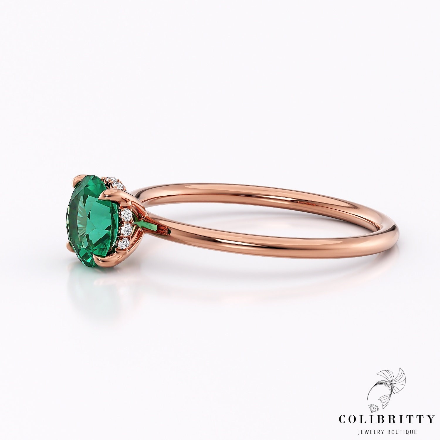 Runder Smaragd Solitär Ring 14K Rosegold Nachlass Versprechen Für Sie Versteckter Heiligenschein Mai Geburtsstein 18K Handgemachter Grüner Edelstein von Colibritty