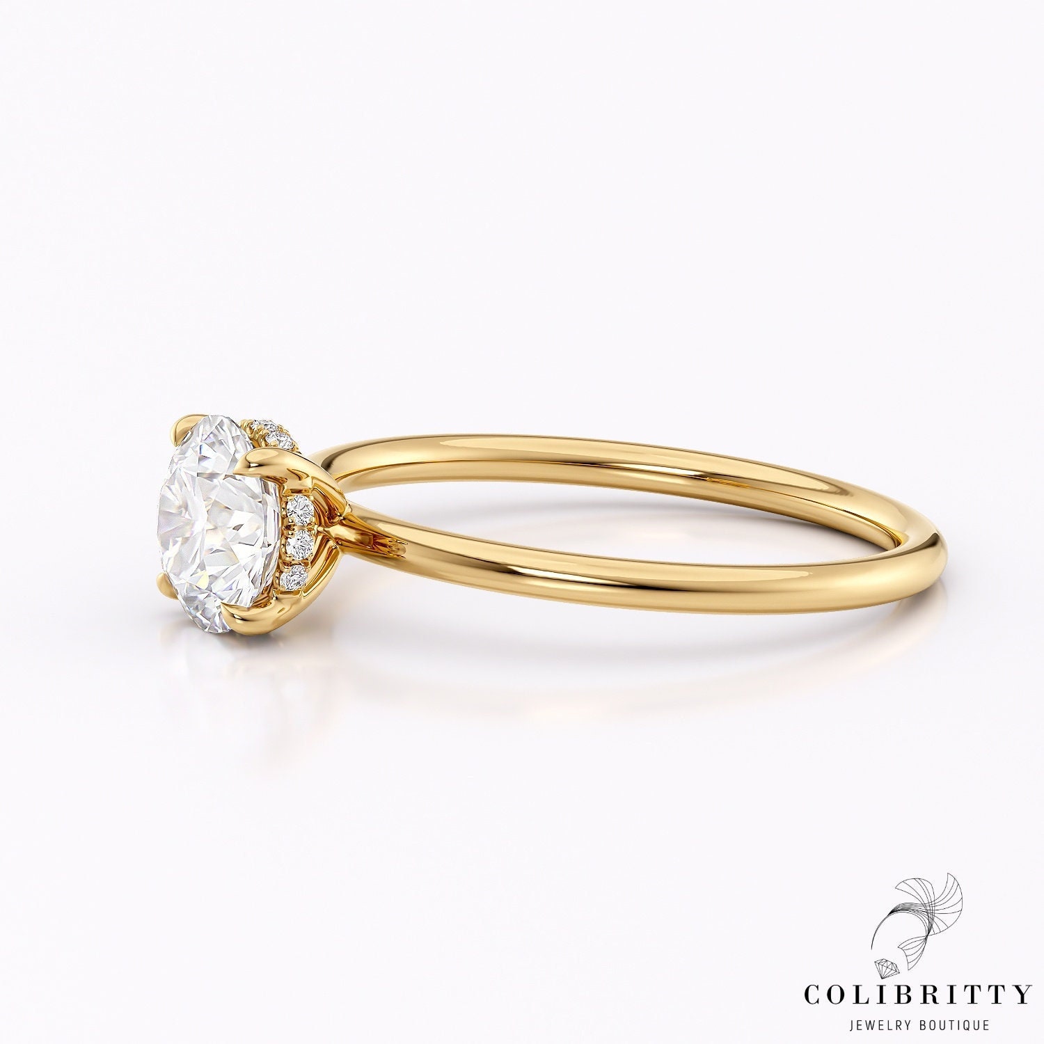 Rundschliff Moissanit Diamant Versteckter Heiligenschein Verlobungsring Solitär Ring 14K Gold Zierliche Hochzeit Jahrestag Geschenk von Colibritty