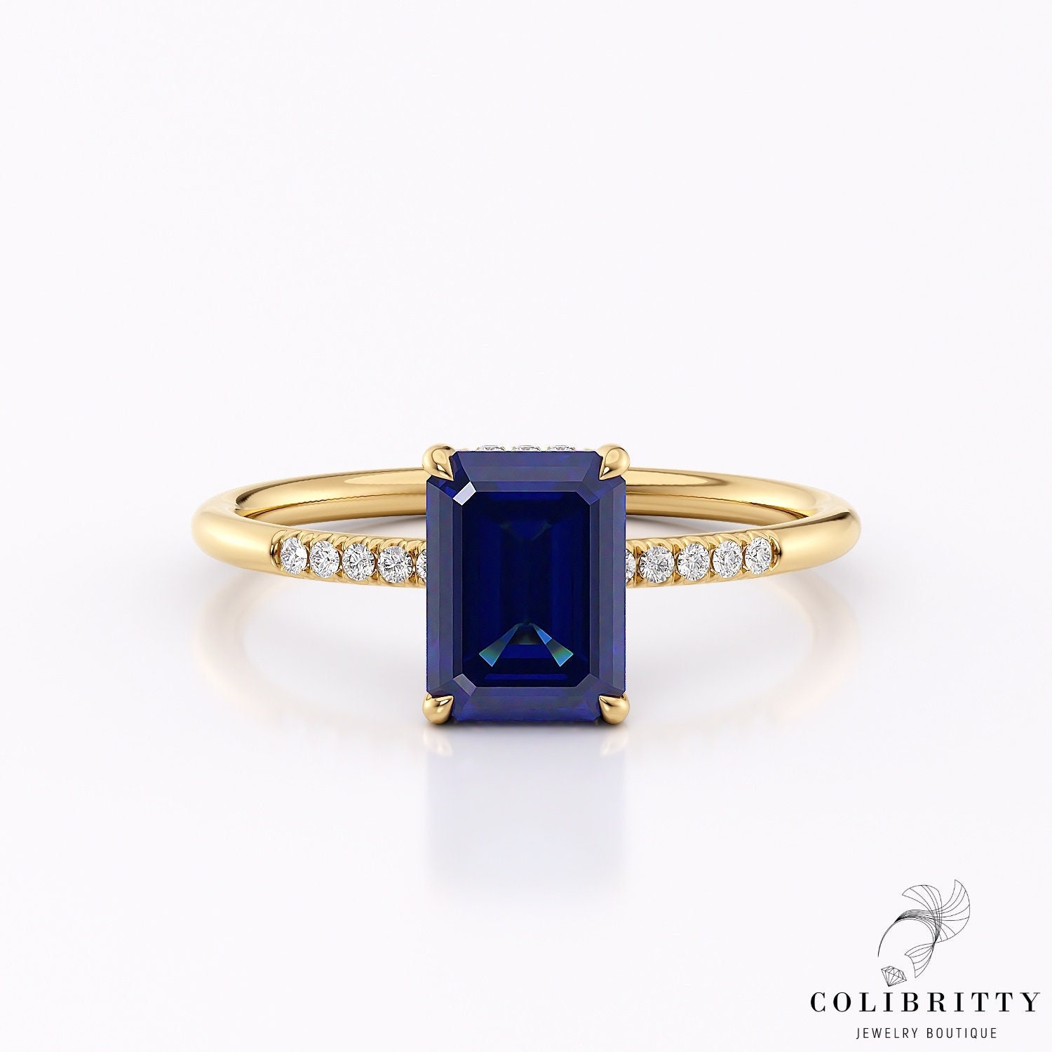 Smaragd Geschliffener Saphir Ring Mit Diamanten Gelbgold 14K/18K Lab Created Blue Gemstone 8x6 Mm Hidden Halo Verlobungsring Jahrestag Geschenk von Colibritty