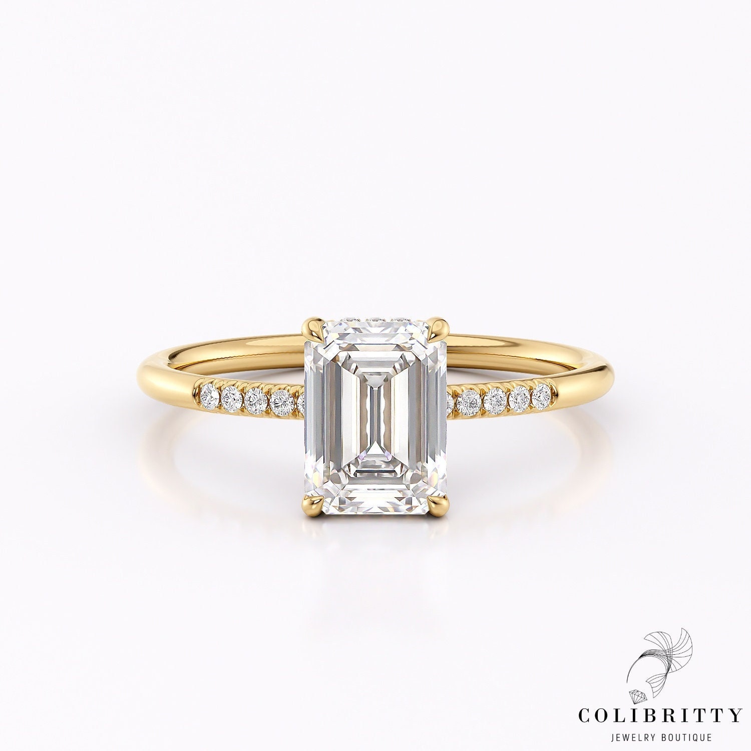 Smaragdschliff Moissanit Solitär Ring 1, 28 Ct Versteckter Halo Diamant Mit Pave - Hochzeitsring Für Braut Jahrestag Versprechen Geschenk von Colibritty