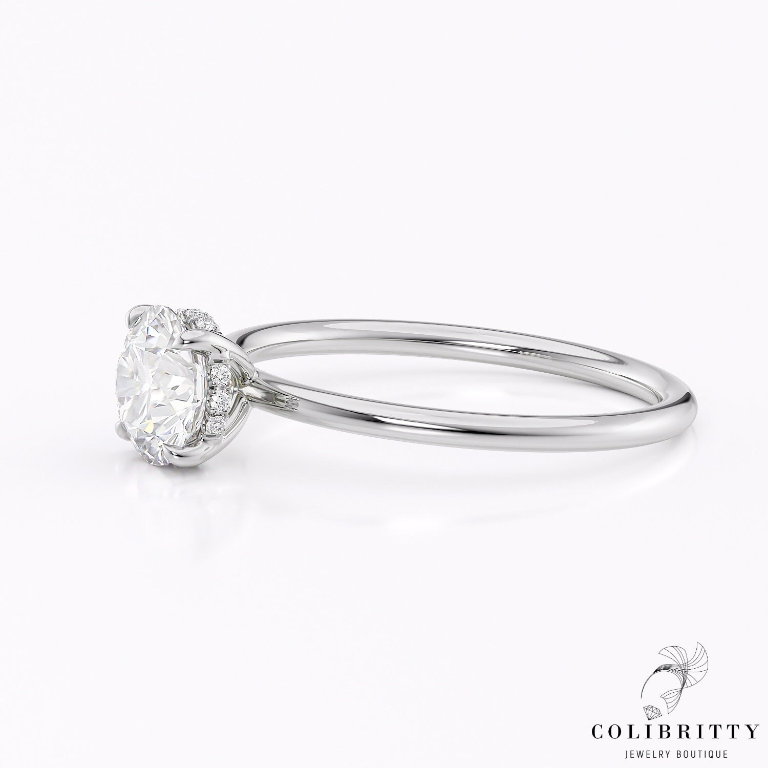 Solitär Diamant Moissanit Ring Weiß Gold Versteckter Heiligenschein Fassung Rundschliff Verlobungsring Zarter Für Sie von Colibritty