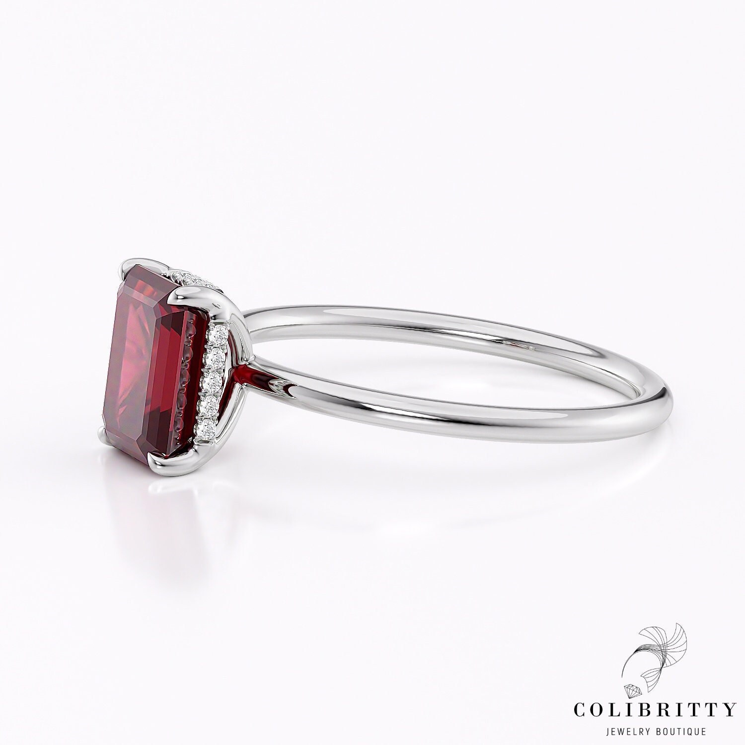 Weißgold Rubin Verlobungsring, Echter Ring 1, 4 Ct, Versteckter Halo Diamanten G Si, Smaragdschliff Roter Edelstein von Colibritty