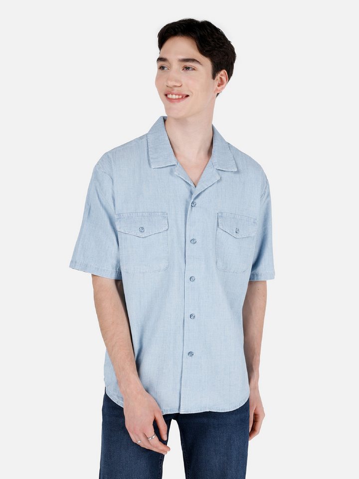 Colins Jeanshemd Colins Oversize Fit Shirt Neck Unifarbenes Herren Kurzarmhemd von Colins