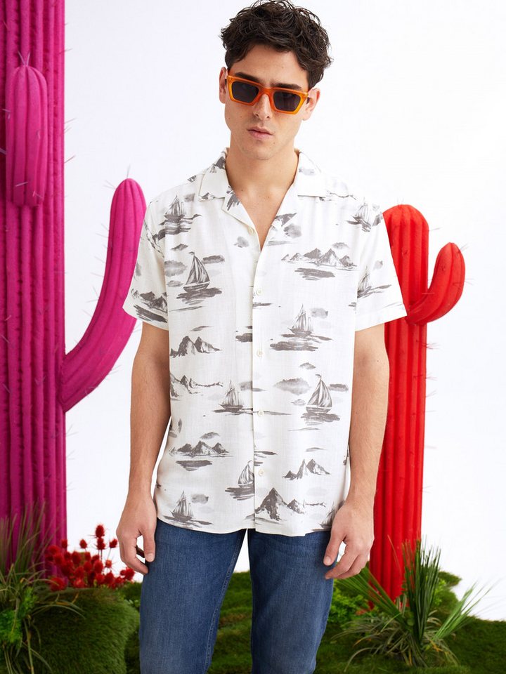 Colins Jeanshemd Colins Regular Fit Shirt Neck Printed Herren Kurzarmhemd von Colins