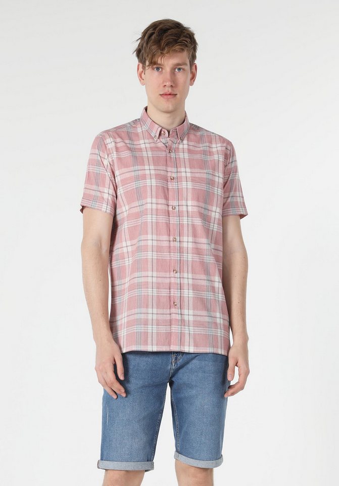 Colins Karohemd Colins Regular Fit Shirt Neck Herren Orange Kurzarmhemd von Colins