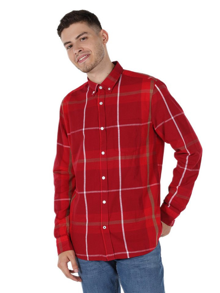 Colins Seamless Shirt Colins Slim Fit Hemd Neck Plaid Herren Rot Langarmhemd von Colins