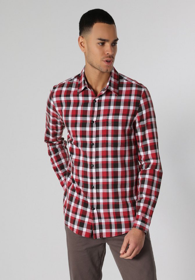 Colins Seamless Shirt Colins Slim Fit Hemd Neck Plaid Herren Rot Langarmhemd von Colins