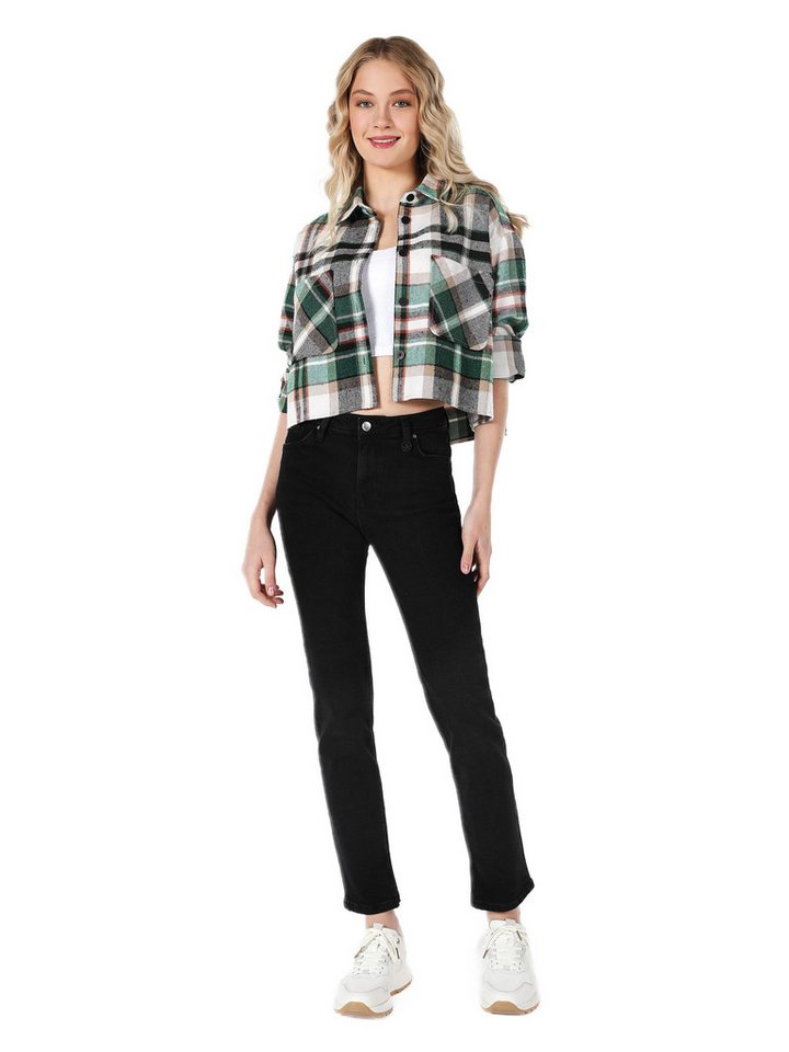 Colins T-Shirt Colins Regular Fit Shirt Neck Plaid Damen Langarmshirt von Colins