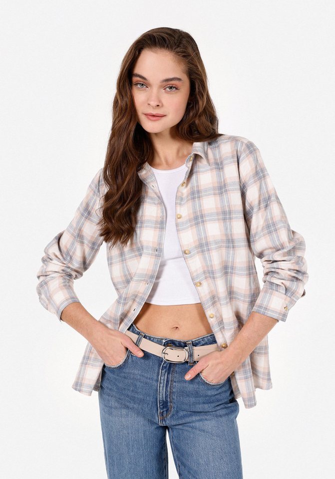 Colins T-Shirt Colins Regular Fit Shirt Neck Plaid Damen Langarmshirt von Colins