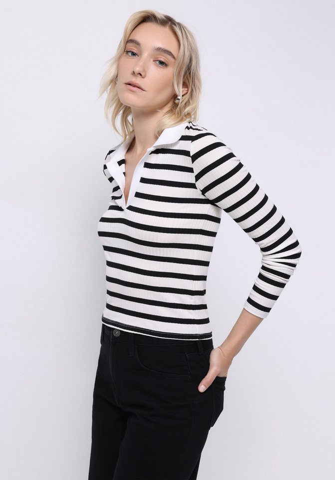 Colins T-Shirt Colins Slim Fit Polokragen Gestreiftes Damen Langarm T-Shirt Colins T-Shirt Colins Slim Fit Polokragen Gestreiftes Damen Langarm T-Shirt von Colins