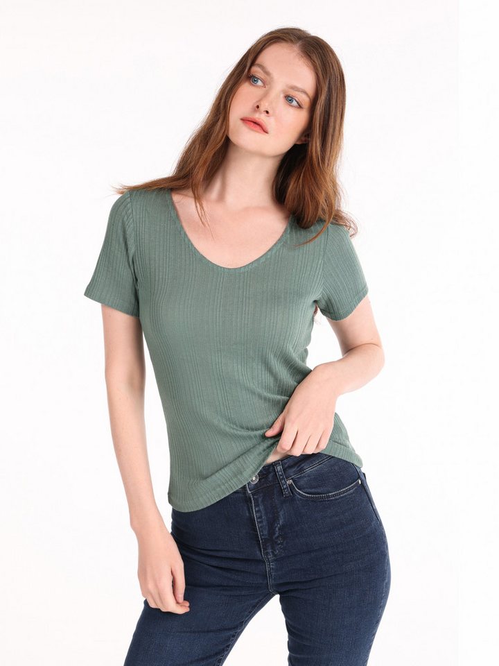 Colins T-Shirt Colins Slim Fit V-Ausschnitt Damen Grünes Kurzarm-T-Shirt von Colins