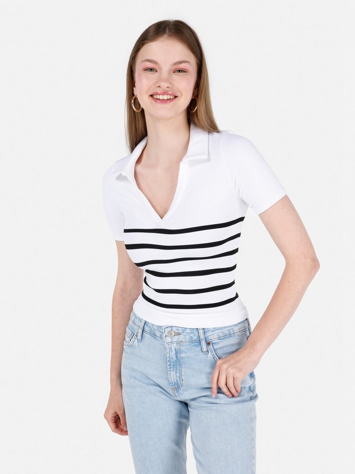 Colins T-Shirt Colins Slim Fit V-Ausschnitt gestreiftes Damen-Kurzarm-T-Shirt von Colins